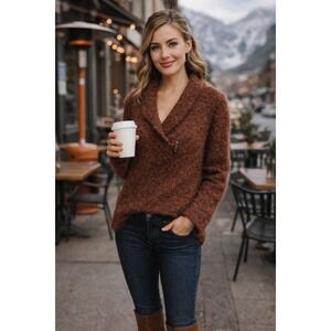 Tabask Handknit Alpaca + Wool Sweater, Cinnamon Brown Bouclé, Made in Peru Sz S